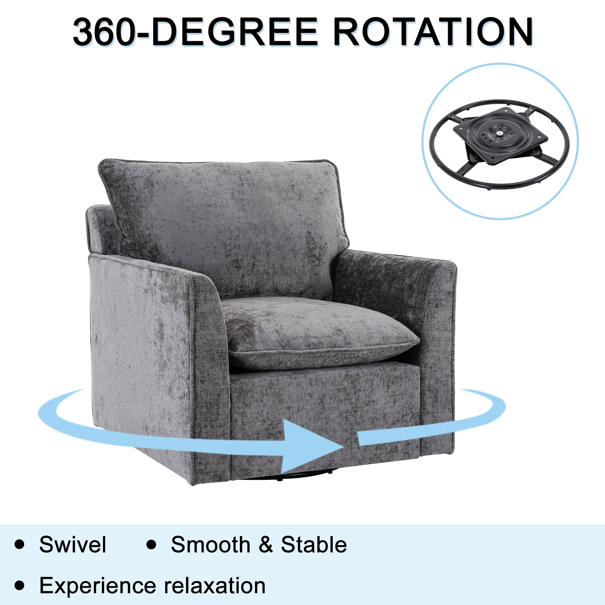 MOONMISS Chenille Swivel Accent Chair,Single Square Sofa Armchairs,Upholstered Club Chairs for Living Room,Grey