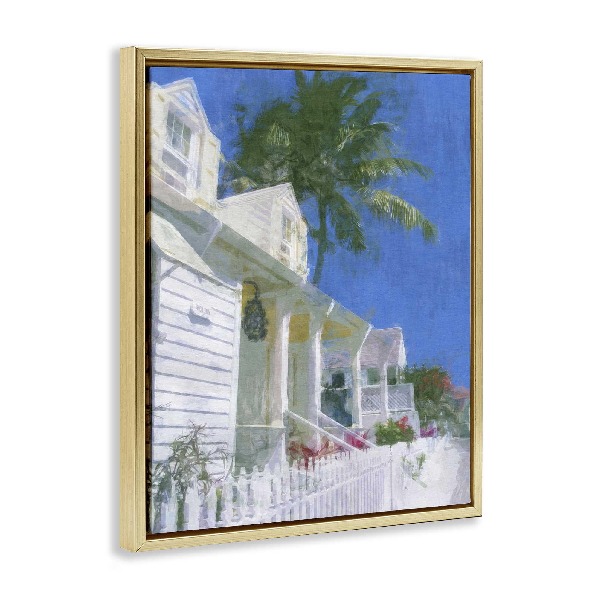 Stupell Industries White Coastal Cottage Coastal Painting Gold Floater Framed Canvas Art Print Wall Art, 25 x 31