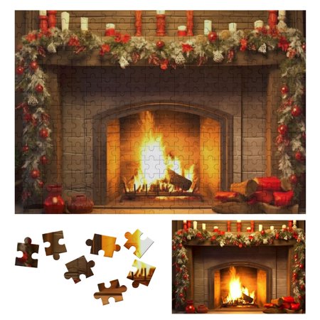 Shiartex Christmas Decorations Fireplace Warm Lighting Wooden Jigsaw Puzzle - Challenging Difficult Wood Puzzle for Adults - Gift for Family Friends - Home Decor Art Piece