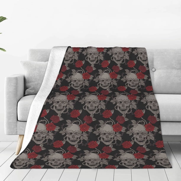 Balery Skull and Red Roses Manta de Felpa Suave y Acogedora – Cobija de Franela Aterciopelada para Cama, Lavable y Cálida para Sofá, Mascotas, Transpirable-40"x30"