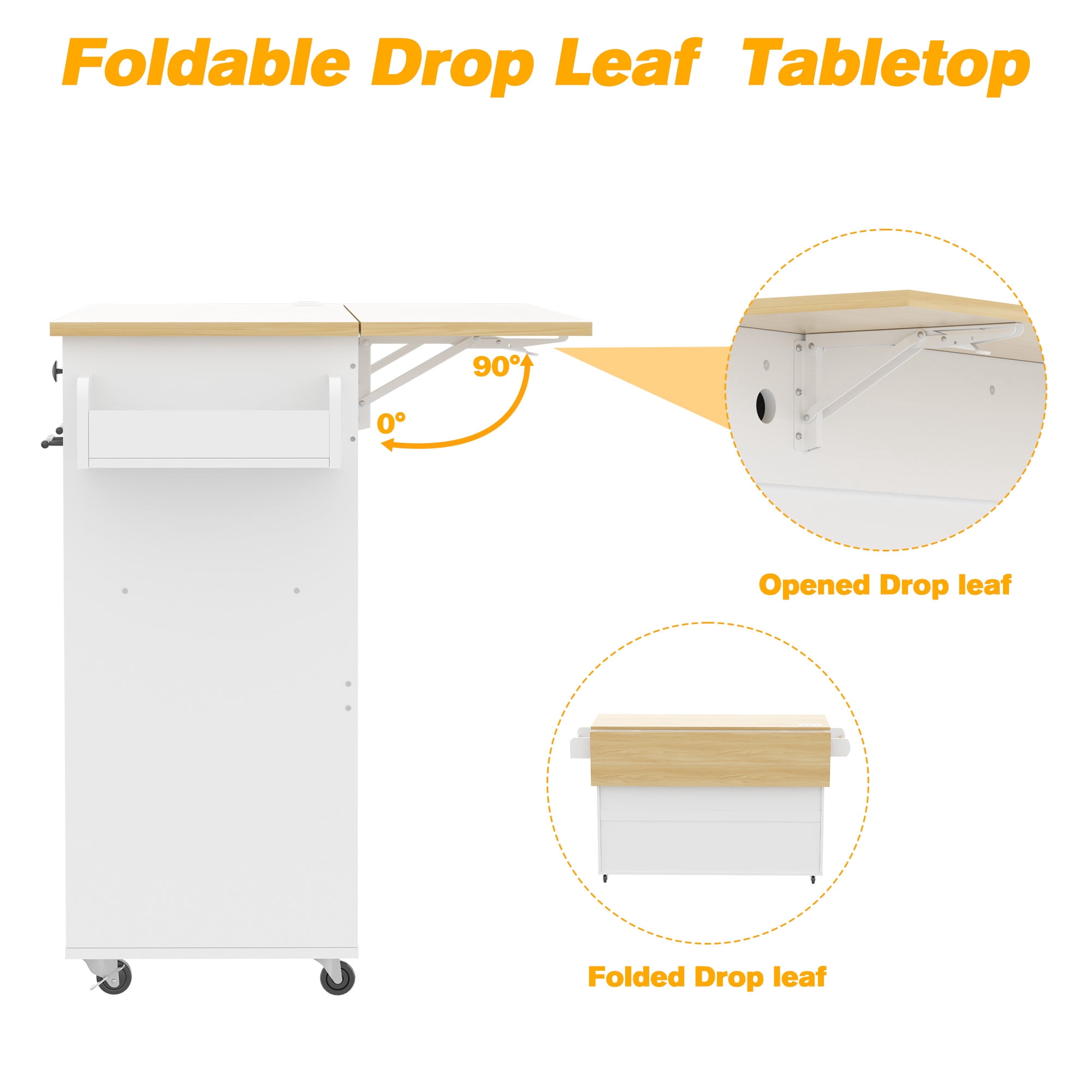 ZIDTIA 60" Kitchen Island with Drop Leaf & Power Outlet, Kitchen Rolling Island with Spice Rack & Towel Rack, Mobile Kitchen Storage Cart with Trash Cabinet, White