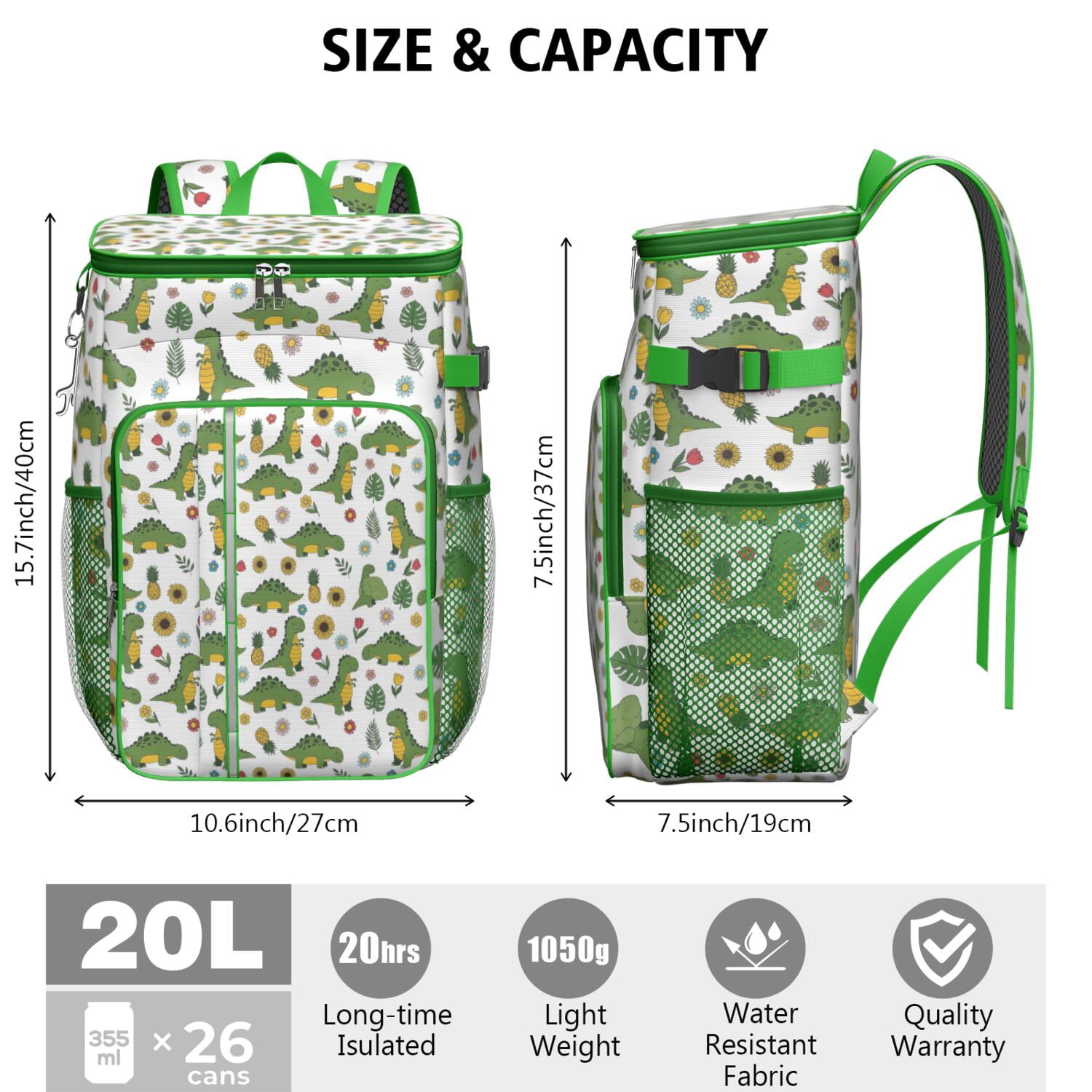 Travel Cooler Bag - White Green Dinosaurs Floral Pattern Camping Beer Cooler Backpack with Bottle Opener- Waterproof Insulated Picnic Backpacks - Cooler Bag for Beach