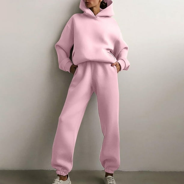 ICHUANYI Clearance Women Casual Solid Color Two Piece Long Pants Hooded Pullover Long Sleeve Sweatshirts Sets(Purple, M) ICHUANYI WER2023081107986
