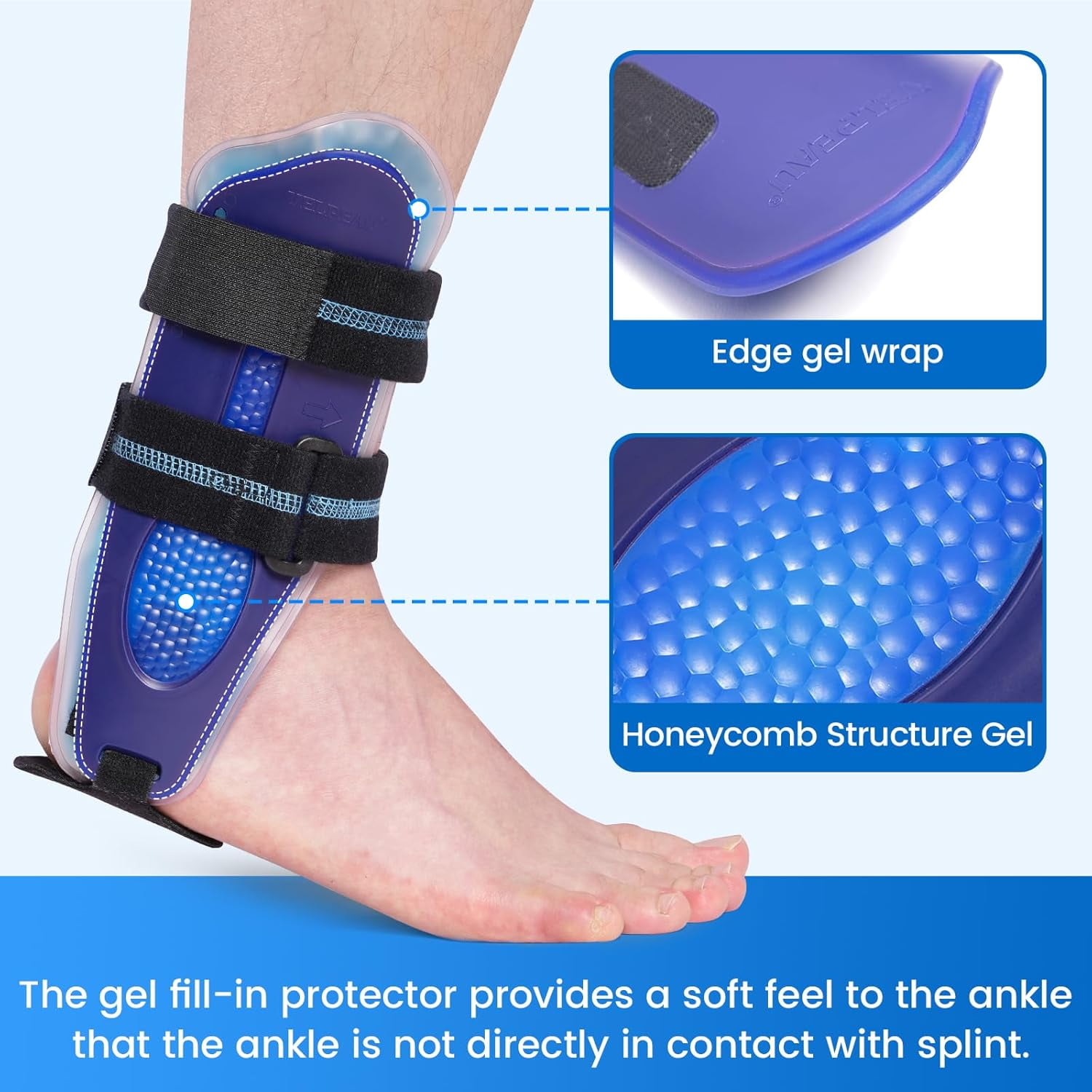 Velpeau Ankle Support Brace for Men & Women, Ankle Stabilizer, Stirrup Splint for Sprains, Tendonitis, Volleyball, Basketball, Sprained Ankle, Reversible Left & Right Foots, One Size (Gel Pad, Blue)