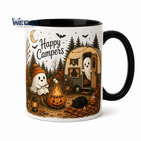 Camping Ghost Mug Happy Campers Ceramic Coffee Cup for Fall Camping Halloween Gift