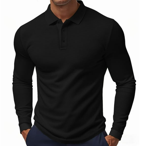 CharmCyan Men’s Long Sleeve Polo Shirt, Classic Solid Color Lightweight Breathable Casual Slim Fit Golf Top for Business or Daily Wear Black L