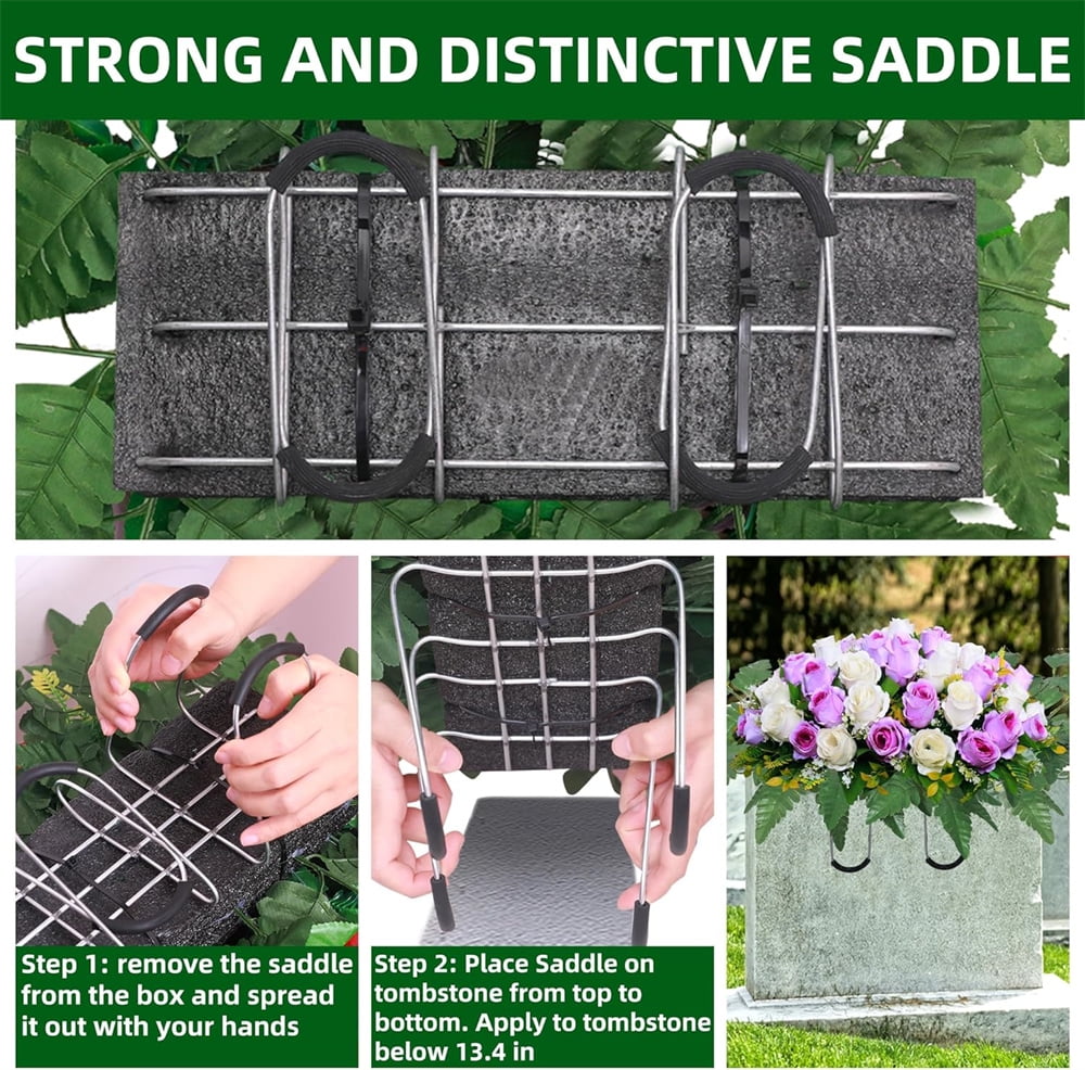 Triani 2Pcs Wire Rustproof Galvanized Gravestone Saddle with Floral Foam for Grave Cemetery Headstones Tombstone Decoration Cemetery Headstones for Graves(Green)