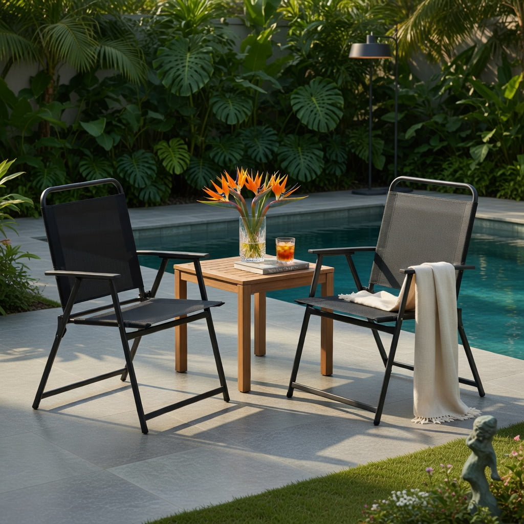 Hommoo 3-Piece Outdoor Folding Patio Set, 2 Folding Chairs + 18" Square Coffee Table, Heavy-Duty Metal Frame, Breathable Fabric, Compact Storage, Black