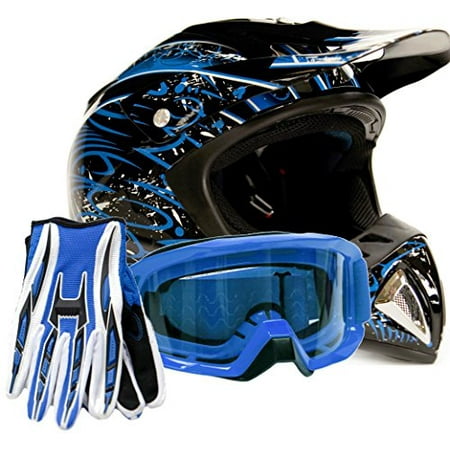 Adult Offroad Helmet Goggles Gloves Gear Combo DOT Motocross ATV Dirt Bike MX Black Blue Splatter ( Large