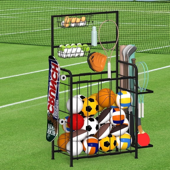 Sports Equipment Organizer Rack with Baskets & Hooks, Large Capacity Ball Storage Holder for Basketball, Football, Toys, Garage, Indoor Outdoor Use, Black