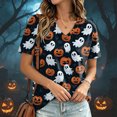 thumbnail image 2 of CAUYDY Women Fall Halloween Doodles V Neck Shirt Lady Casual Tee Funny Spooky Season Family Holiday Party Celebration Short Sleeve Tee Pumpkin Top Dark Gray Sizes XL, 2 of 5