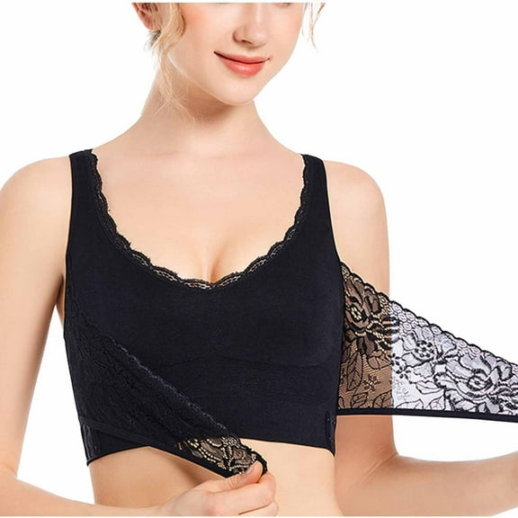 qolati Womens Kendally Comfy Corset Bra Front Crosses Side Buckle Everyday Bras Wireless Push Up Lace Bras Sports Bras
