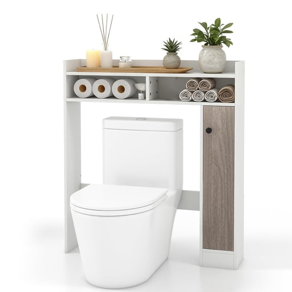Over The Toilet Storage Cabinet,Freestanding Bathroom Organizer with Single Door Cabinet and Open Shelves,Space Saver Toilet Rack with Adjustable Shelves for Small Bathroom,Laundry Room,White
