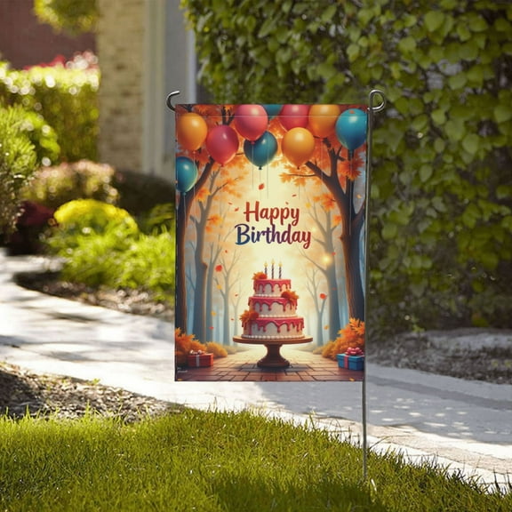 Happy Birthday Autumn Garden Flag 12x18 Inch Double Sided Fall Leaves Balloons Cake Yard Flag Outdoor Decoration Seasonal Farmhouse Banner