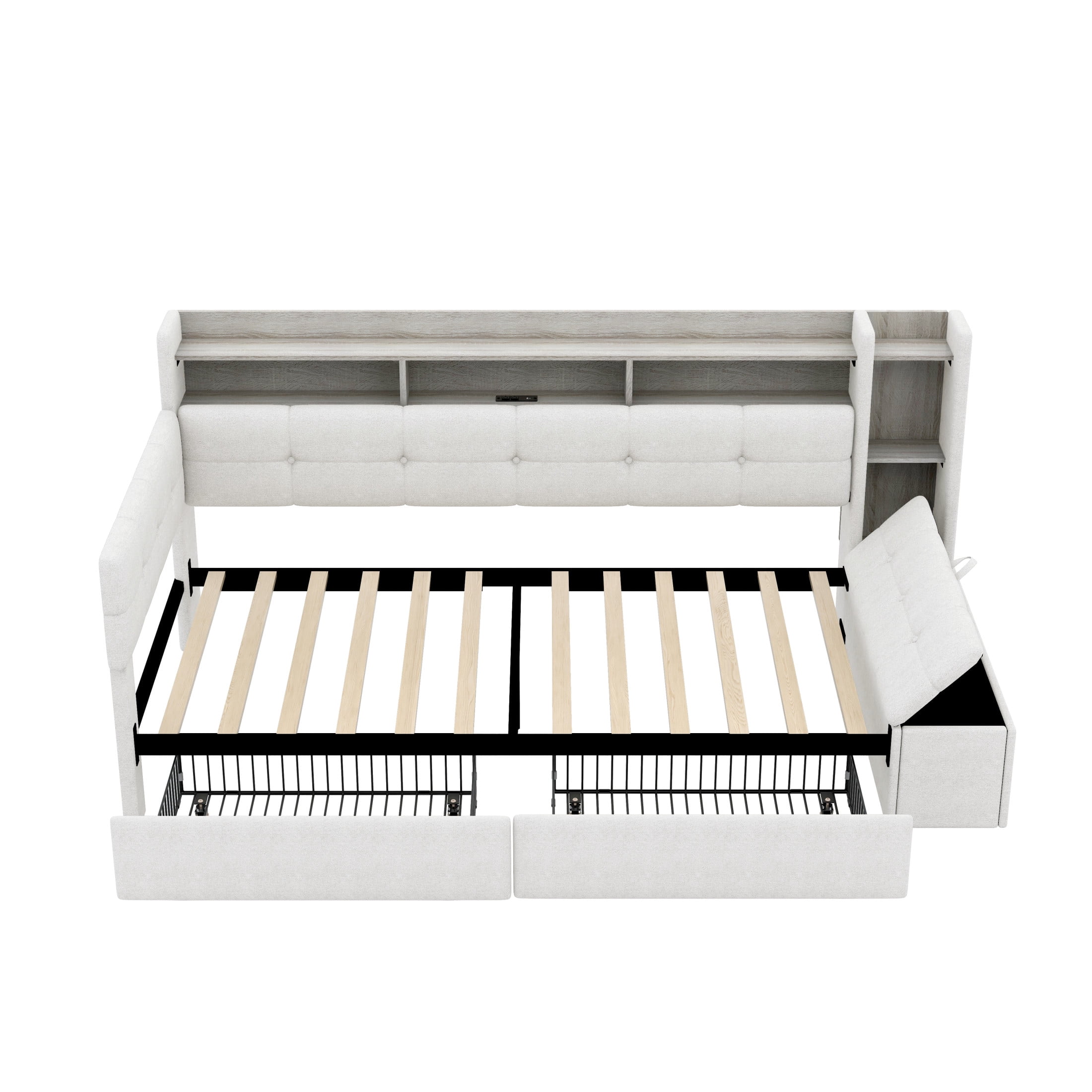 Noble House Brevon Twin Size Upholstered Daybed with Extra Drawers, Storage Footstool, USB Port and LED Light, Beige
