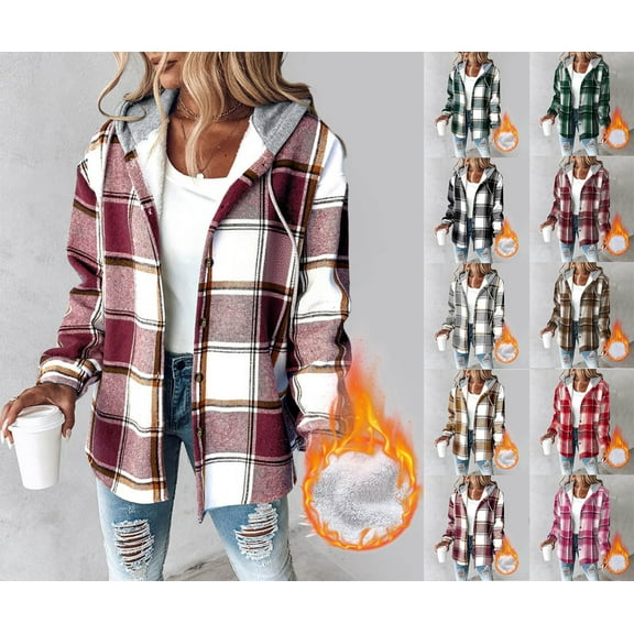 Crunowin Womens Lightweight Casual Jacket, 2025 Plaid Long Sleeve Shacket Fleece Lined Hooded Jackets Warm Coat Red S