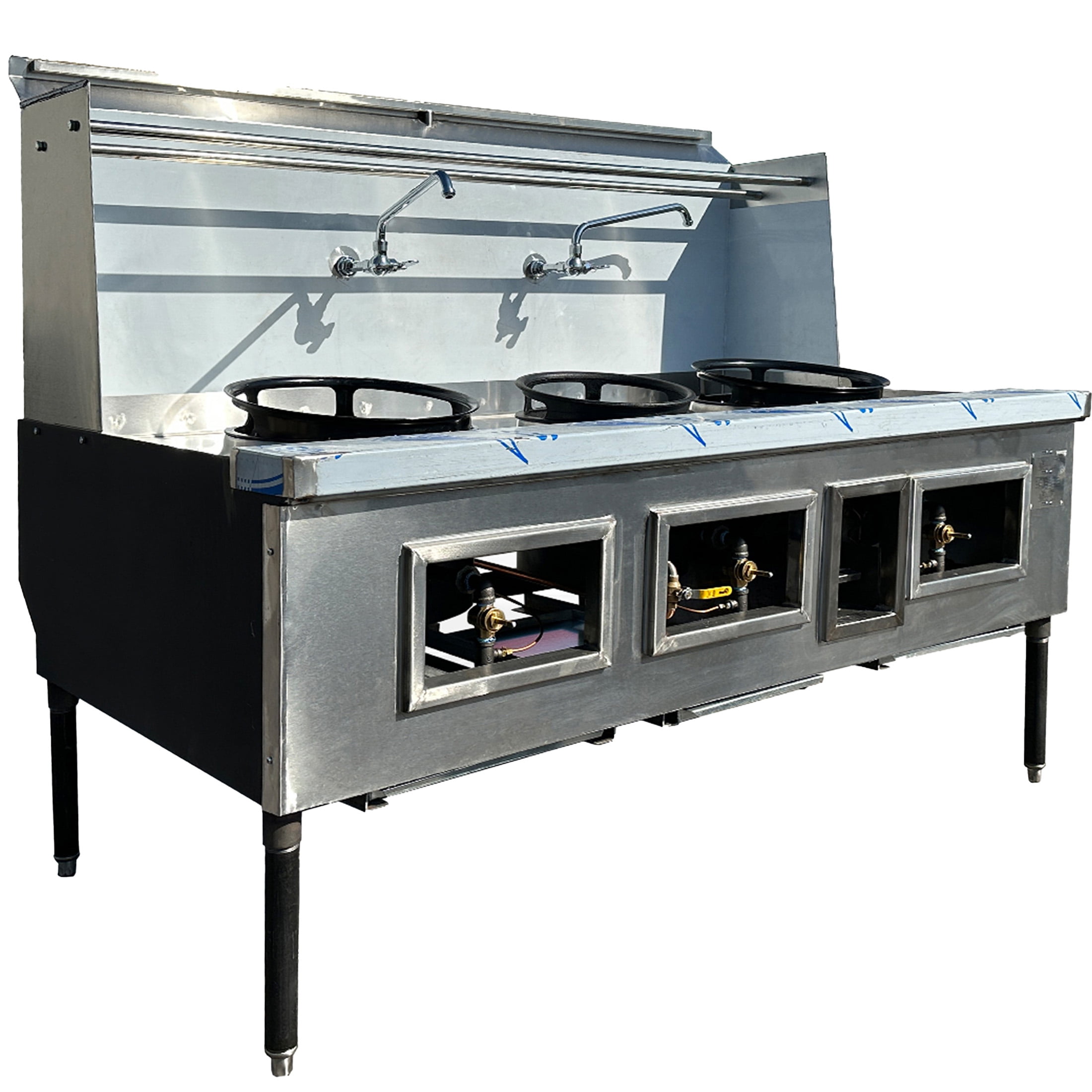 69 in. 3 Jet Burner Wok Range, NSF Restaurant Wok Range with Water Fall, 16+13+16 in Burner Natural Gas