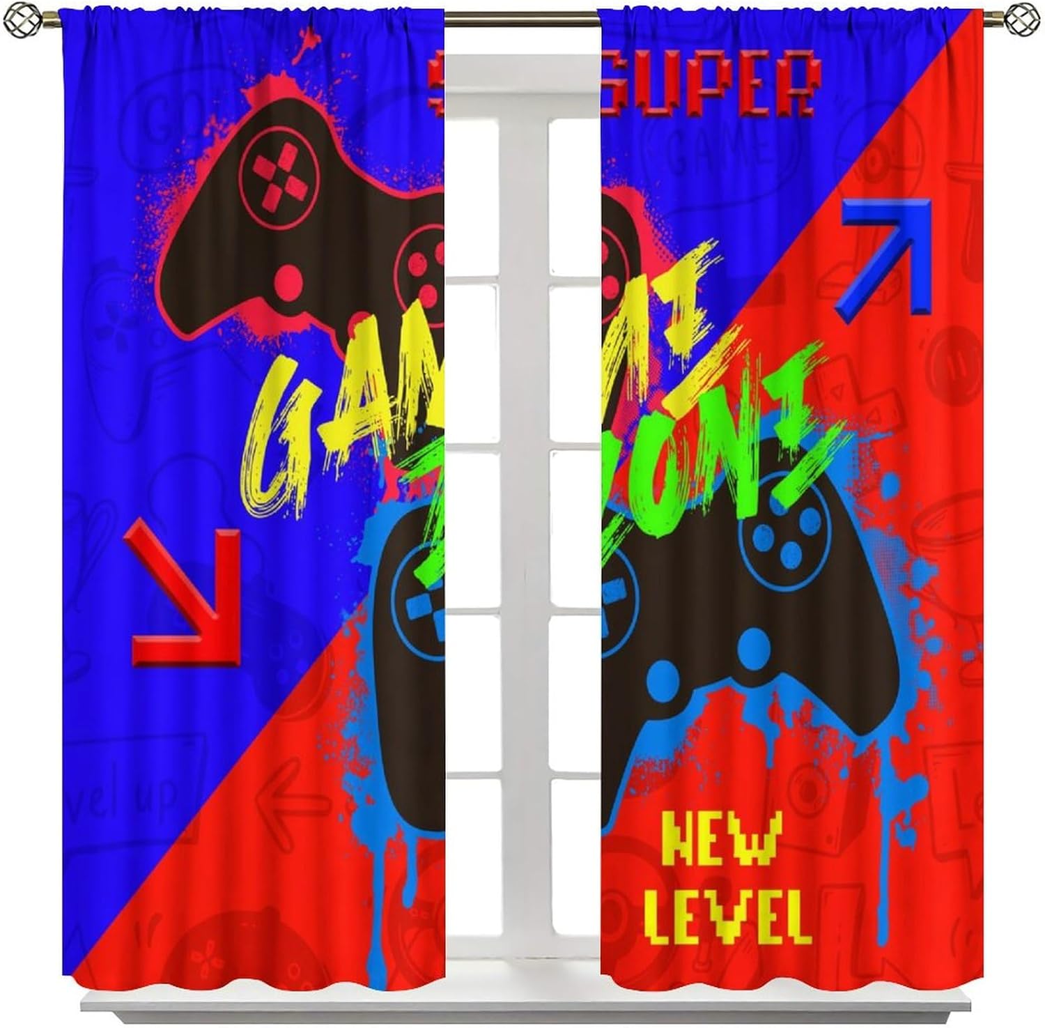 Gaming Gamer Blackout Curtains,Red Blue Patchwork Video Games Controller Gamepad Print Rod Pocket Window Treatments Drapes for Teens Kids Playroom Bedroom 42" W X 54" L