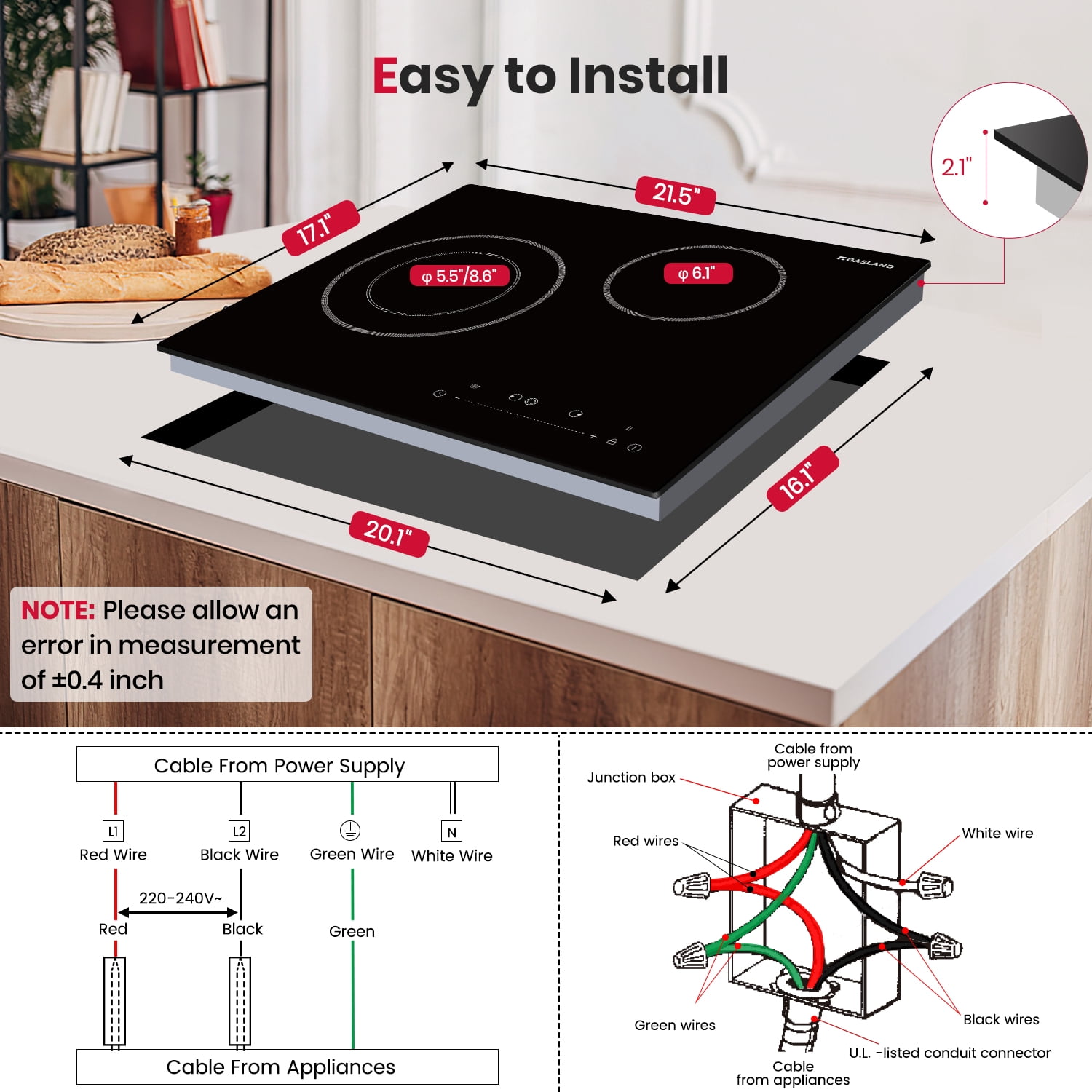 GASLAND 21 Inch 2 Burners Electric Cooktop, ETL Certificated, Built-in Radiant Ceramic Apartment Cooktop, 3700 W Electric Stove Top, 240 V
