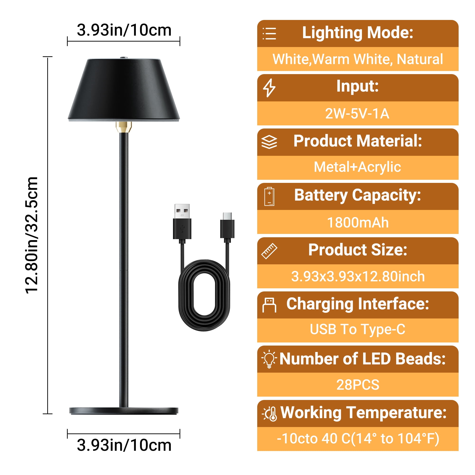 DAYBETTER Cordless Table Lamp, 2Pack Portable Desk Lamp, Battery Rechargeable, 3 Colors Stepless Dimming, for Home, Bedroom, Restaurant, Dining Kitchen, Outdoor Party