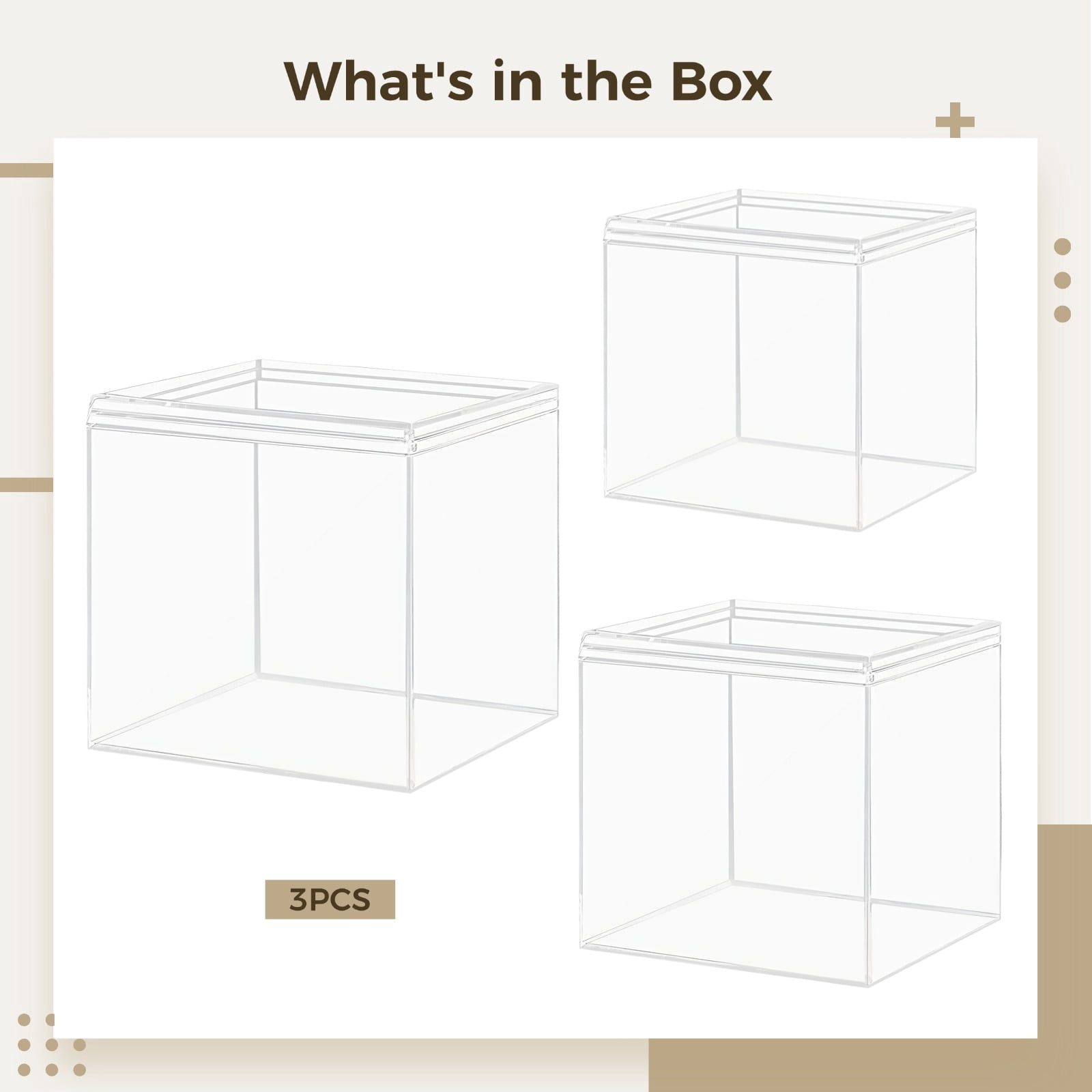 3 PCS Clear Cube Organizers, 3 Sizes Acrylic Storage Box with Lid, Acrylic Cube Storage Container for Candies Jewelry Coins Art Supplies
