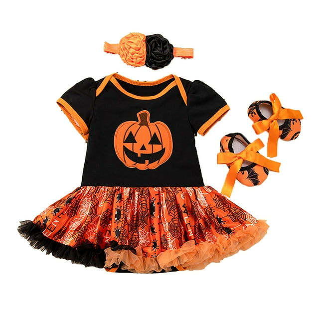MIASHUI Halloween Kids Ensemble Robe Citrouille Dessin Animé pour Filles Comprend des Chaussures de Robe et des Accessoires pour Fêtes E,3-6 Mois