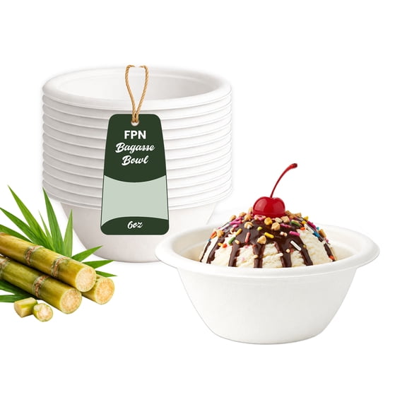FPN Disposable Paper Bowls 200 Pack 6 oz, Compostable Heavy-Duty – Eco-Friendly, Bagasse Bowl for Soup, Salad, Dessert & More