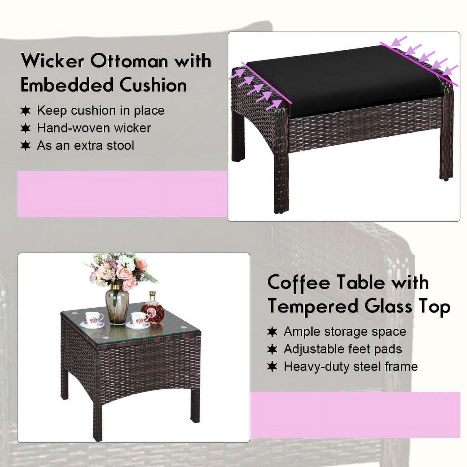 Aimee Lii 5 Pieces Patio Rattan Sofa Ottoman Furniture Set with Cushions, Outdoor Patio Furniture, Black