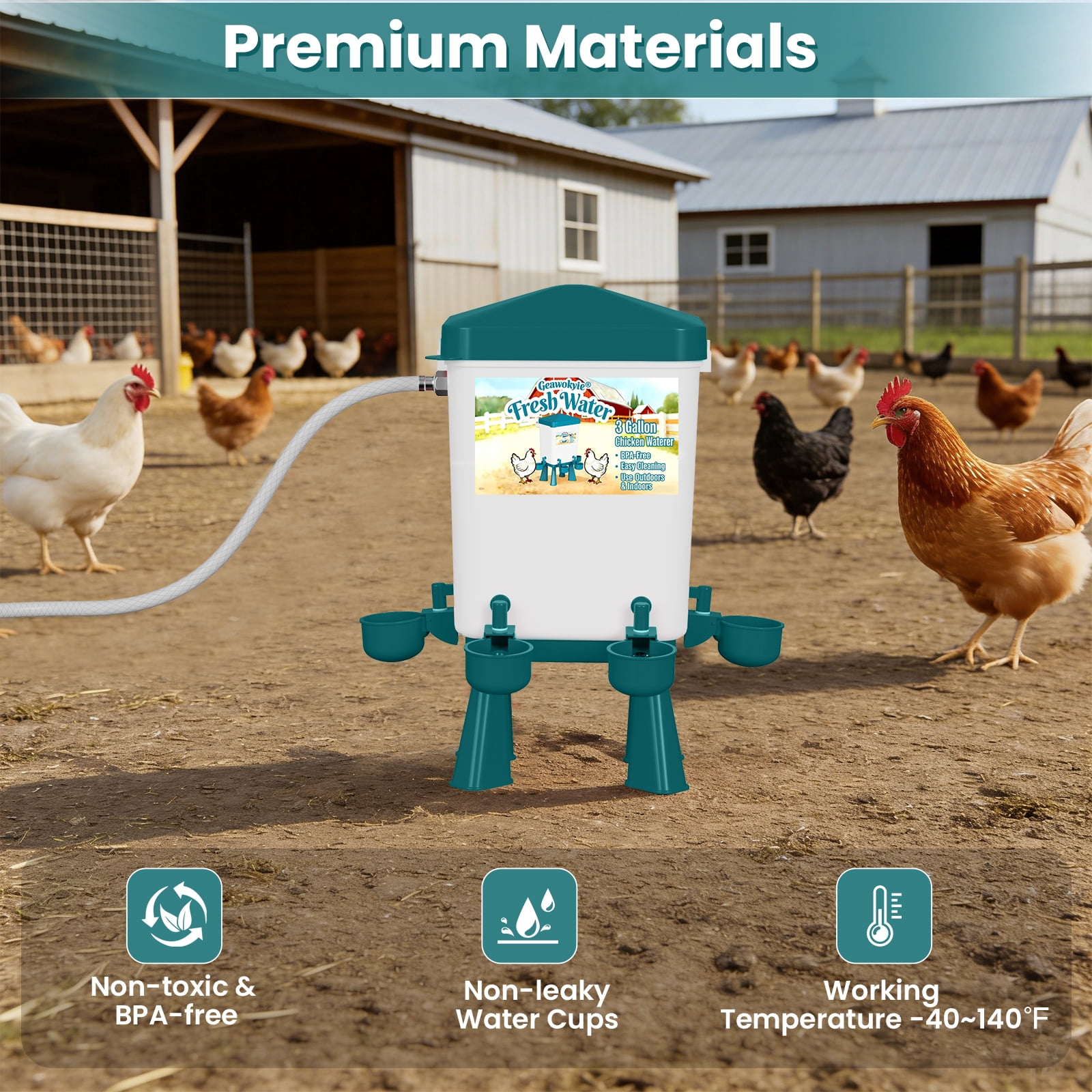 Chicken Feeder and Waterer Set - Automatic Float Valve Waterer with Built-in Filter,  Poultry Feeding & Watering Equipment for Chickens, Ducks, Geese, Chicken Coop Accessories(Blue))