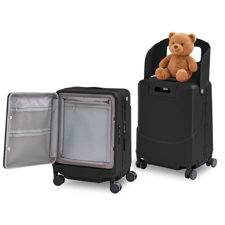 TBAU 20" Ride-On Suitcase for Kids with Foldable Seat, Front-Opening Luggage with USB & Type-C Ports, TSA Lock, Black