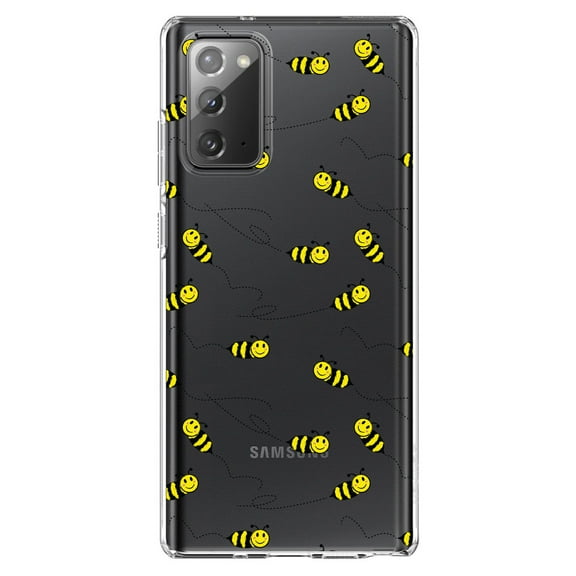 DistinctInk Clear Shockproof Hybrid Case for Samsung Galaxy Note 20 (6.7" Screen) - TPU Bumper, Acrylic Back, Tempered Glass Screen Protector - Repeating Bumble bees