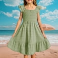 thumbnail image 2 of Inglocry Girls Summer Dresses Cute Double Layer Ruffle Sleeve Solid Color Smocked Flowy Dress 6-15 Years Green 9-10Y, 2 of 6