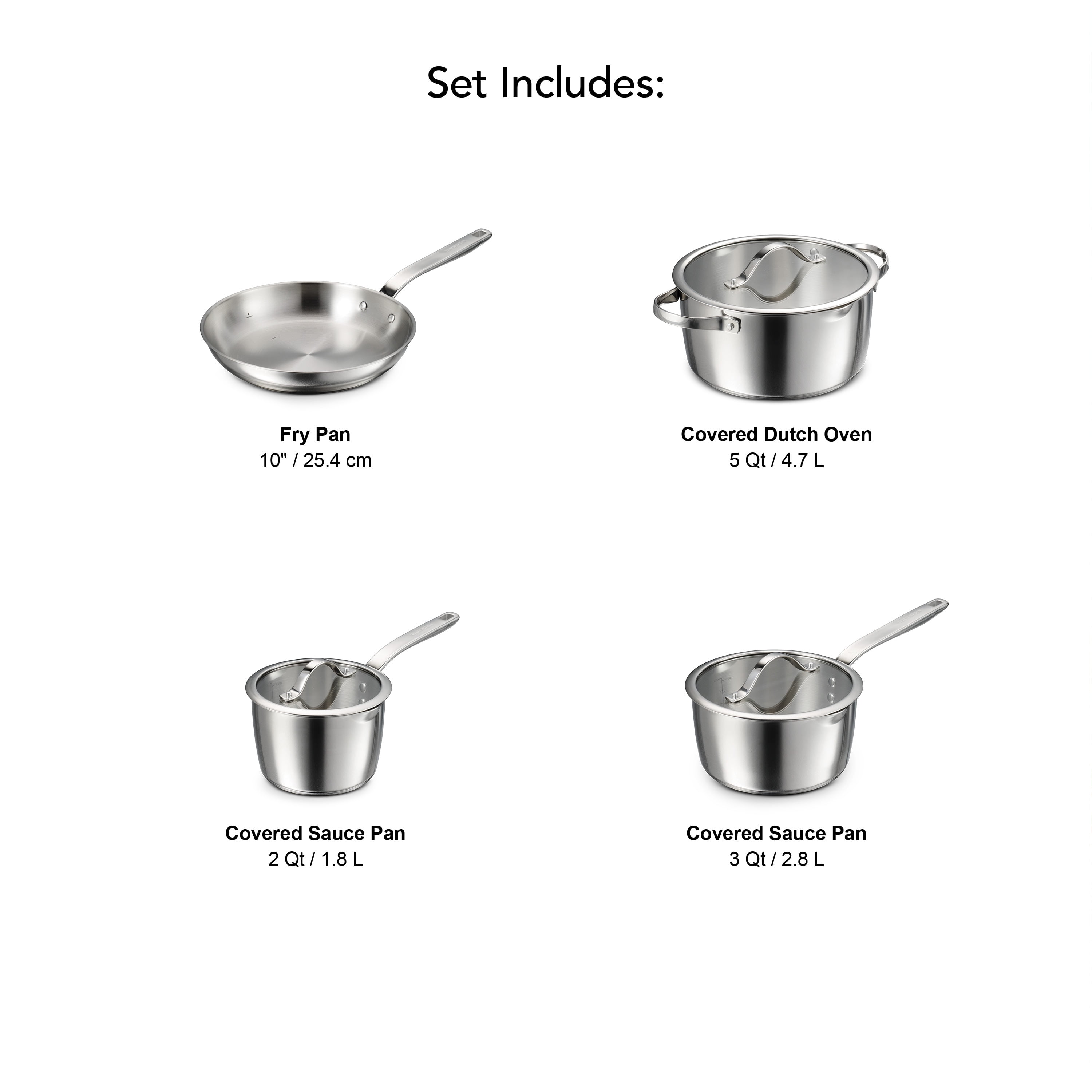 Tramontina Tempo Tri-Ply Base Stainless Steel 7-Piece Cookware Set with Glass Lids, Pots and Pans Kitchen Set, Induction-Ready, Oven-Safe, Dishwasher-Safe