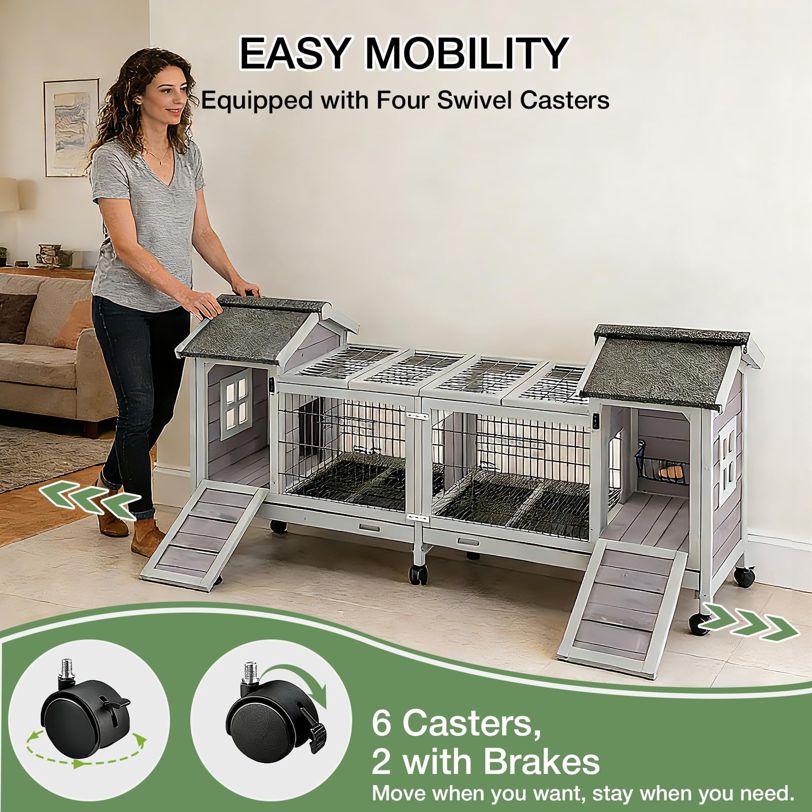 Aivituvin Rabbit Hutch Indoor Outdoor, Large Bunny Cage with Double House and Run, 10.4 ft² Guinea Pig House, Upgrade Deeper No-Leak Trays, On Wheels for Easy Moving