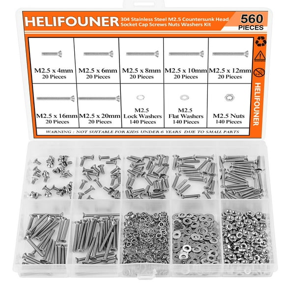 HELIFOUNER 560 Pieces M2.5 x 4mm /6mm /8mm /10mm /12mm /16mm /20mm, Countersunk Head Socket Cap Screws Bolts Washers Nuts Kit, 304 Stainless Steel