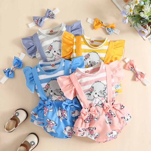 Lovzfmll 3-Piece Girl's Elephant Print Set, Flutter Sleeve Ruffle Top & Bib Shorts & Headband, Casual Outfits for Infant 0-3 Months