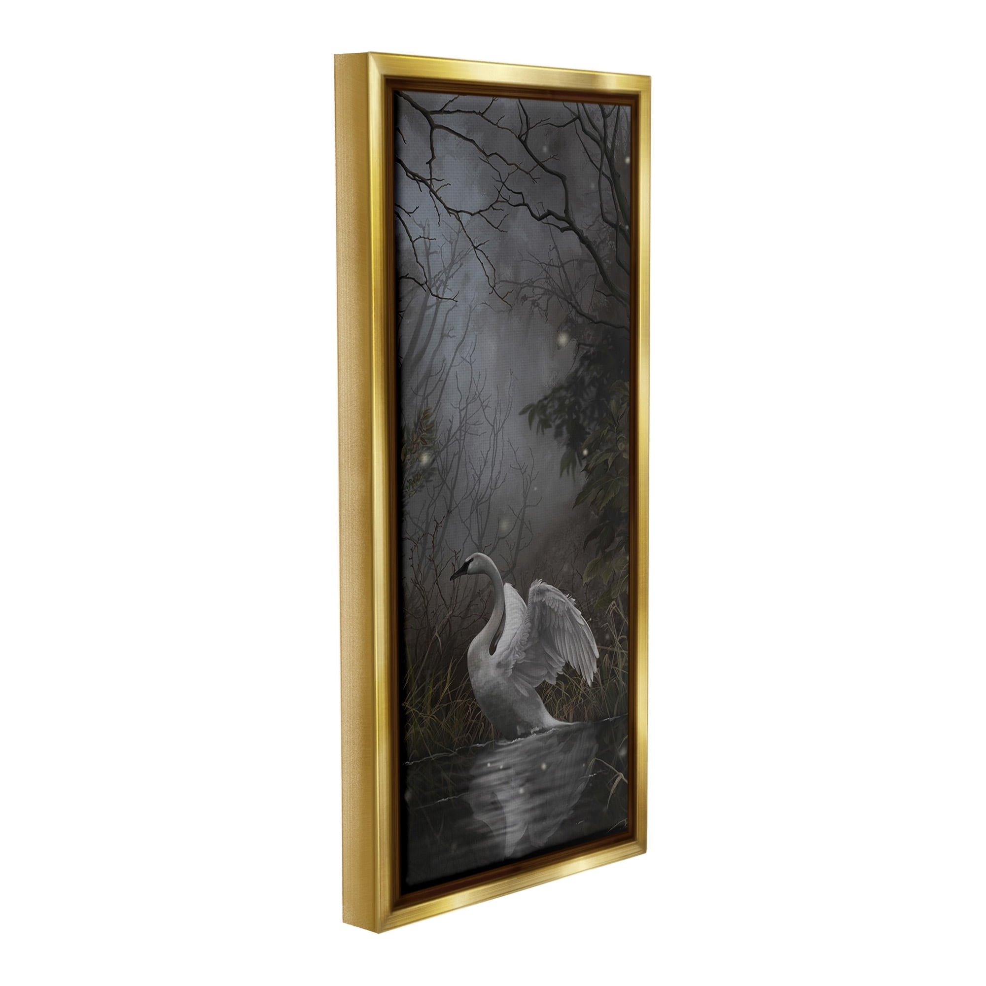 Stupell Industries Swan in Dark Night Pond Animals & Insects Painting Gold Floater Framed Canvas Art Print Wall Art, 11 x 25