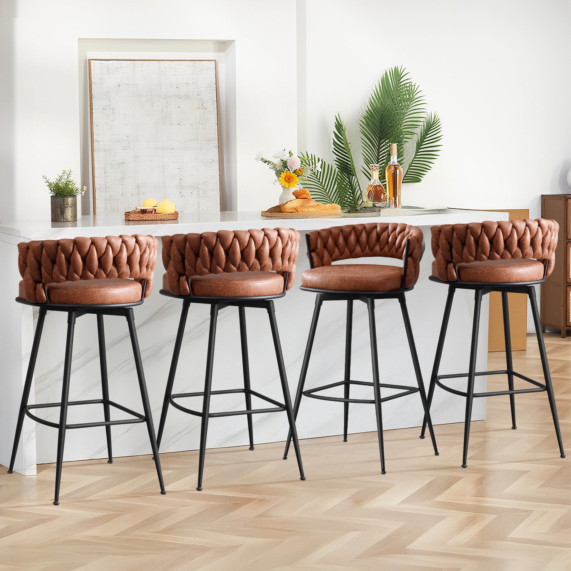 MYFUNT Bar Stools Set of 4, 30" Counter Height Stools, 180° Swivel Woven Back Barstools with Metal Footrest, Modern Bar Stools for Kitchen Island, Cafe, Pub, Whiskeybrown
