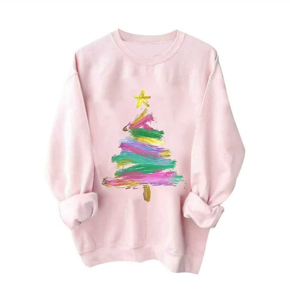 Pink Sweatshirts Women Christmas Outfits Crewneck Pullover Loose Long Sleeve Tops Xmas Tree Print Festive Clothes (XL, Pink 06)