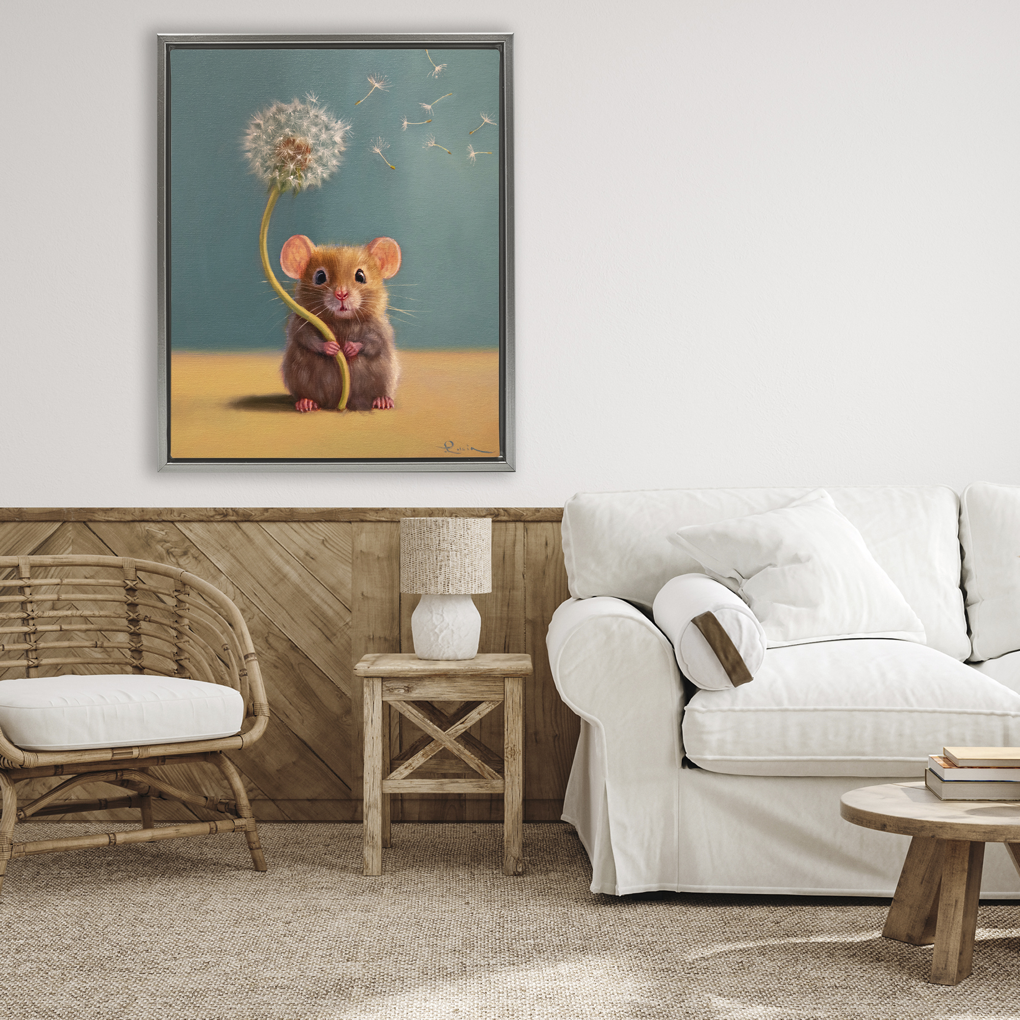 Tiny Wishes Mouse & Dandelion Gray Framed Floater Canvas Wall Art, design by Lucia Heffernan