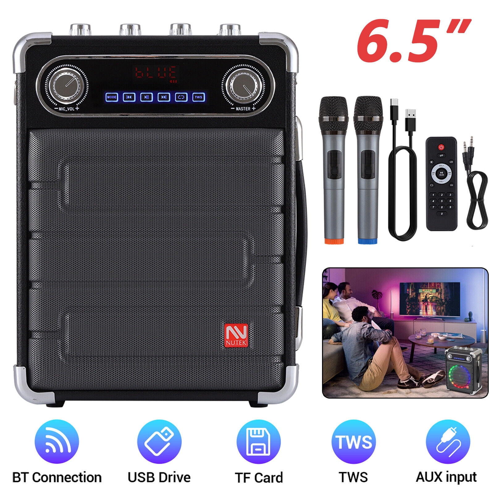 Lohoms Bluetooth Speaker Portable Karaoke Machine PA System 6.5" Woofer with 2 Wireless Microphones Remote LED Lights
