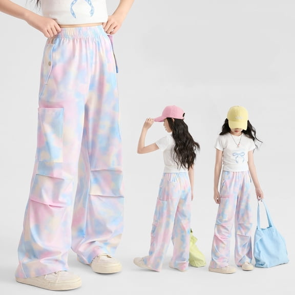 MKOSPLRT Tie Dye Cargo Pants for Girl High Elastic Waist Straight Wide Leg Pants Casual Ruched Knee Dance Pants with Pockets