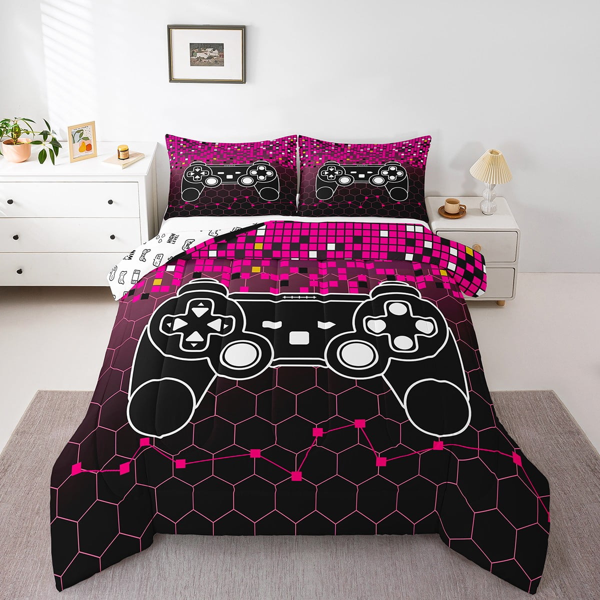 YST Gamer Bedding Sets For Boys Player Gaming Comforter Set Full Size Gamepad Video Games Quilt For Kids Teens Adult Geometry Hexagonal Honeycomb