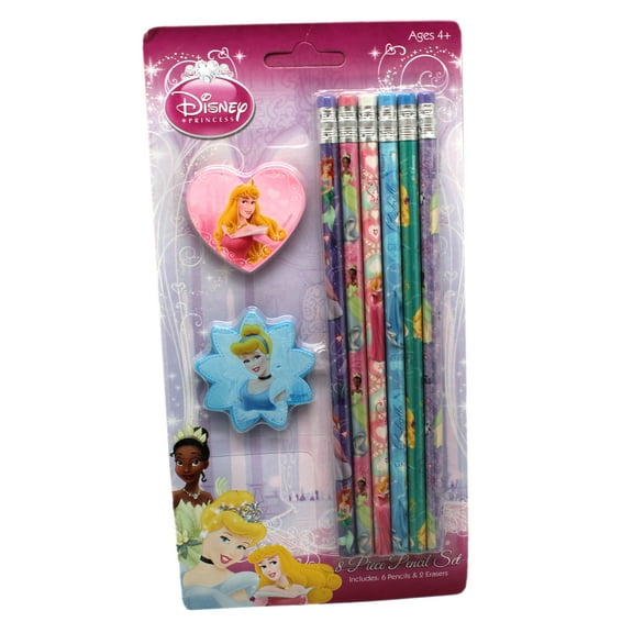 8pcs Set Disney Princess Pencil And Erasers Set- Ariel Belle Cinderella Pencil Set