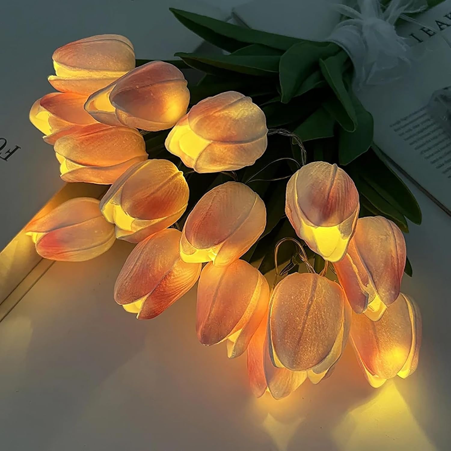 Artificial Tulip Flowers LED Lights Fake Tulips Bouquet Battery Powered Real Touch Led Night Light for Home Office Table Centerpiece Wedding