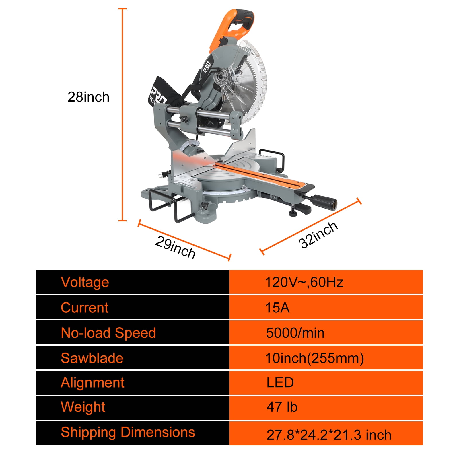 PRO 10-Inch Double Bevel Compound Oblique Saw, 5000RPM, 15A Power Miter Saw, with Compact Track System, LED Shadow Line and Expansion Table