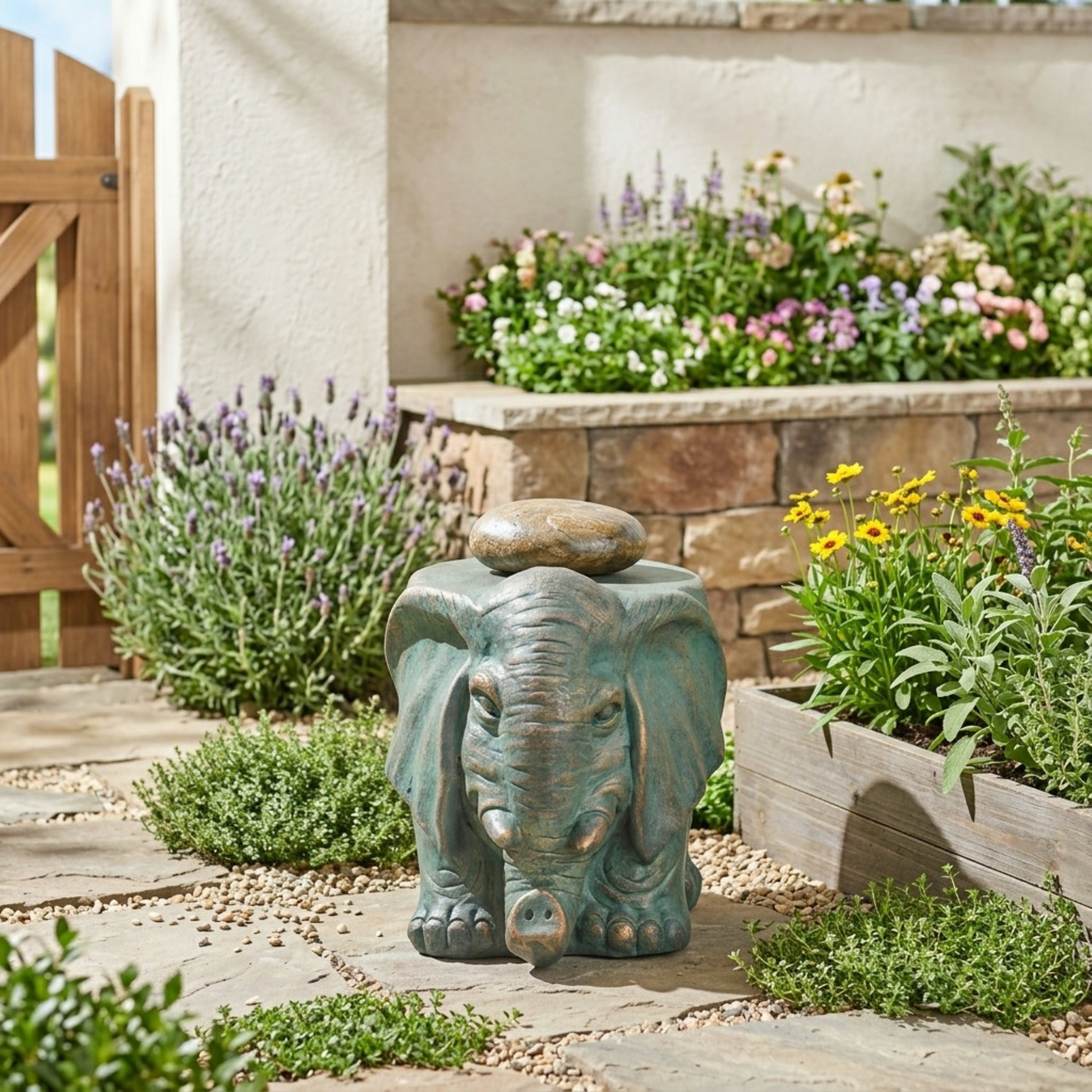 Mintazer Verdigris Copper Patina Elephant Garden Stool, Weatherproof Concrete Animal Sculpture Plant Stand Accent Side Table for Patio Lawn Balcony
