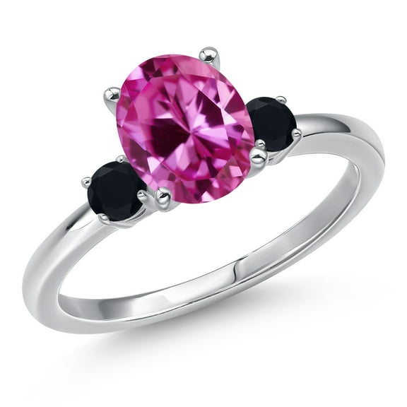 Gem Stone King 14K White Gold Pink Created Sapphire and Black Onyx Engagement Ring for Women | 1.20 Cttw | Oval 9X7MM | Gemstone September Birthstone | Size 5