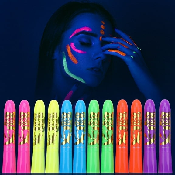 MeiduGaga 12-pack Neon Face Paint Sticks, Glow Under Black Light Body Paint for Party Halloween