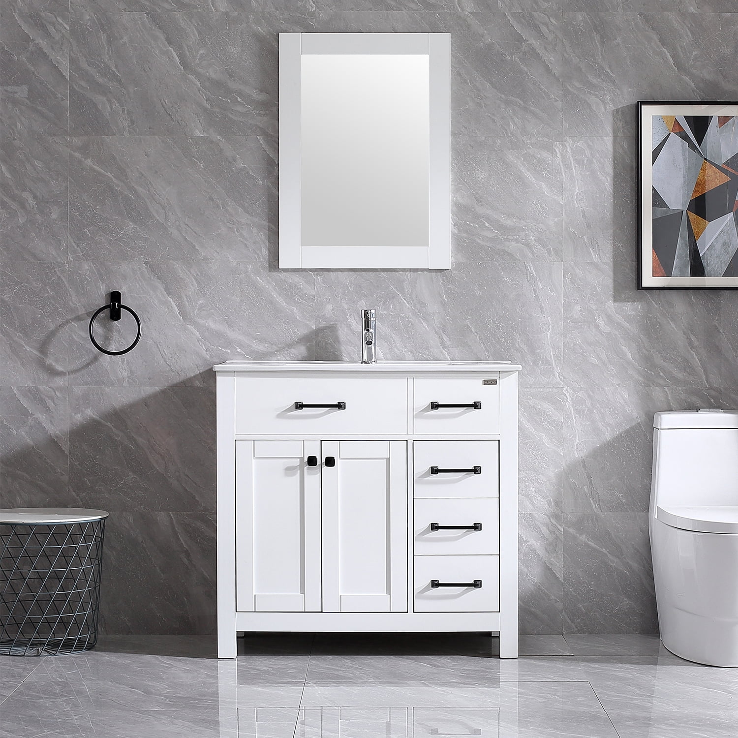 wonline 36" white bathroom vanity cabinet with sink in ceramic